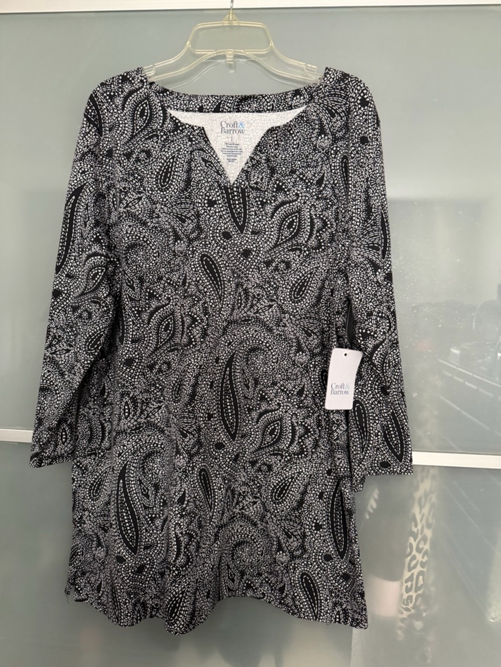 croft & barrow Black & White Paisley Long-Sleeve Tunic top or bathing suit cover